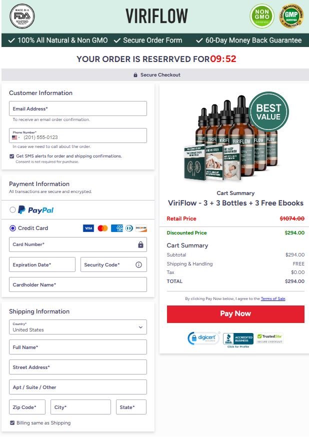 Secure ViriFlow checkout page with protected payment system and official package selection